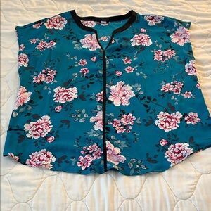Torrid Teal Floral Blouse with Black Trim